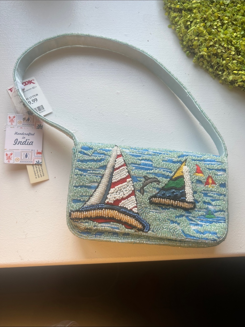 Handcrafted Light Blue Beaded Sailboat Shoulder Bag